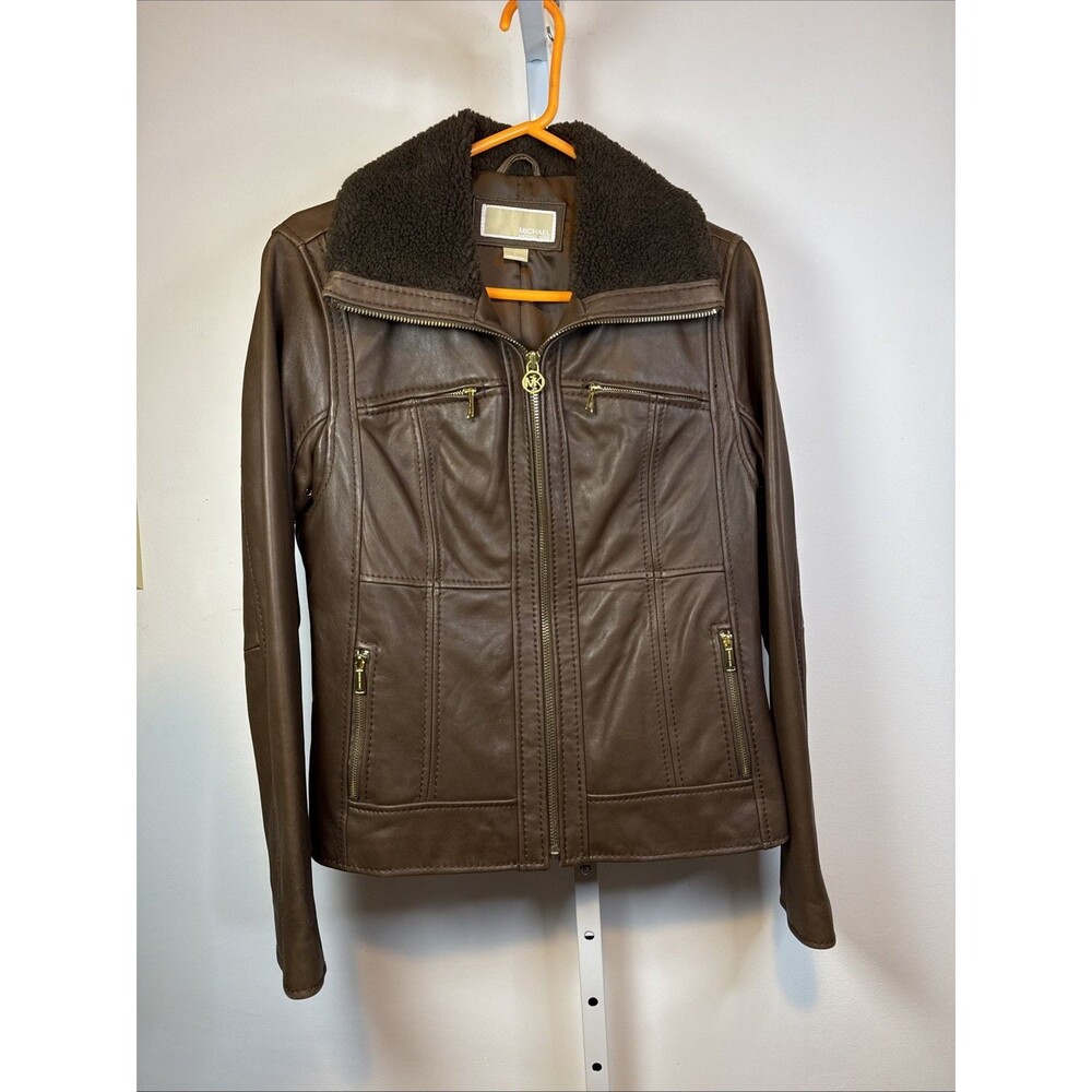 Michael Kors Women's Brown Leather Jacket L Moto Biker Zip Faux Fur Collar Gold